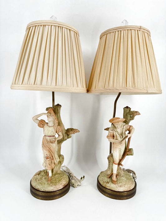 JAMES HADLEY Hand Painted Porcelain English Man & Woman Pair of Lamps