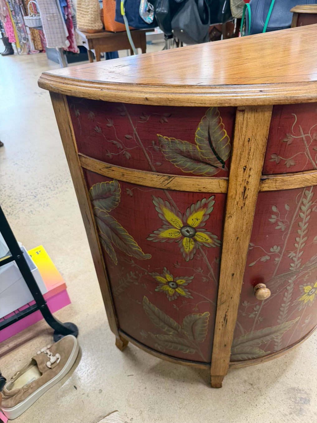 Red & Gold Demilune Birds Cabinet w/ Drawer