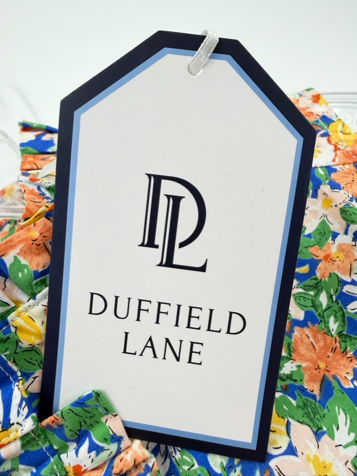 DUFFIELD LANE Size L Blue & Orange Ruffle Detail Floral Sleeveless Dress NWT