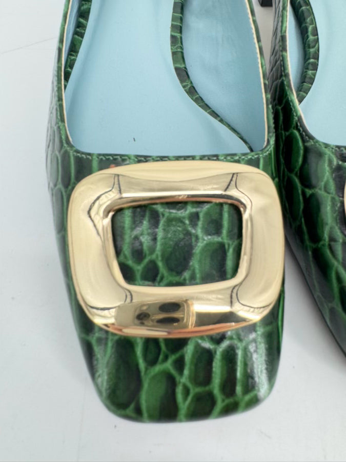 FRANCES VALENTINE Size 7.5 Green Embossed Leather Kitten Heels