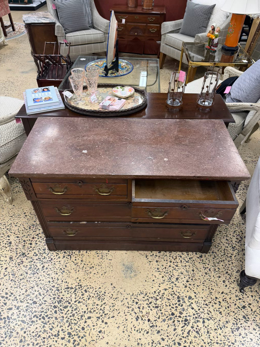 Victorian Wood 3 Drawer Chest w/ Pink Marble Top
