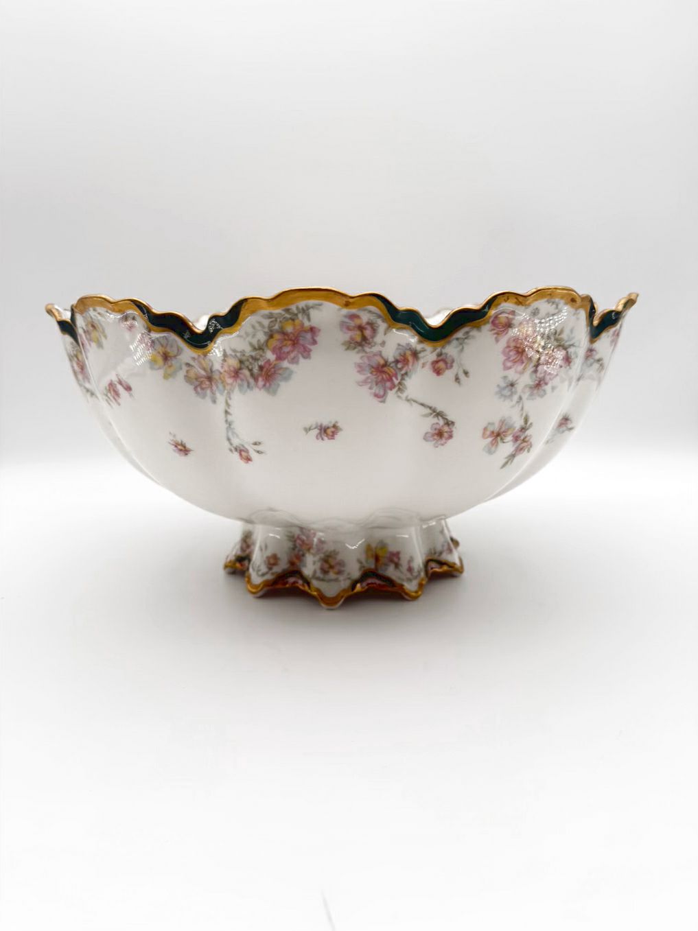 HAVILAND White , Green & Pink China Large Pedestal Punch Bowl
