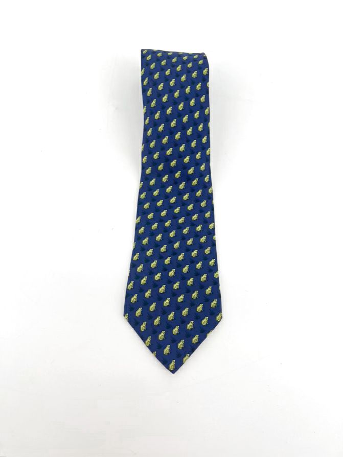 HERMES Blue & Green Frog Motif Silk Tie