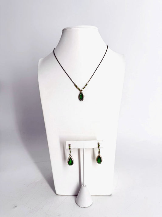 STAUER STERLING SILVER Green Helenite Tear Drop Necklace & Ring Set