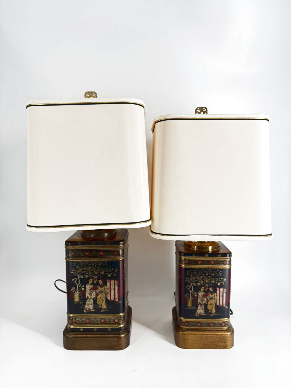 Black, Red & Gold Tin Oriental Pair of Tea Caddy Lamps w/  Square White Shades