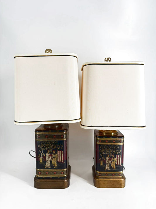 Black, Red & Gold Tin Oriental Pair of Tea Caddy Lamps w/  Square White Shades