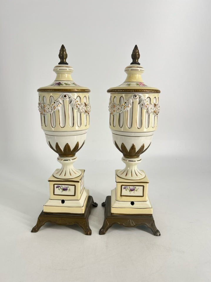 VINTAGE Cream & Yellow Porcelain Pair of Footed Urns