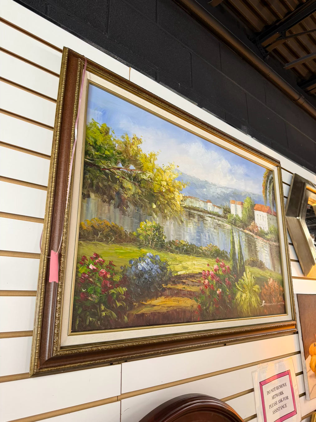 SIGNED Homes By The Lake Painting In Bronze Tone Frame