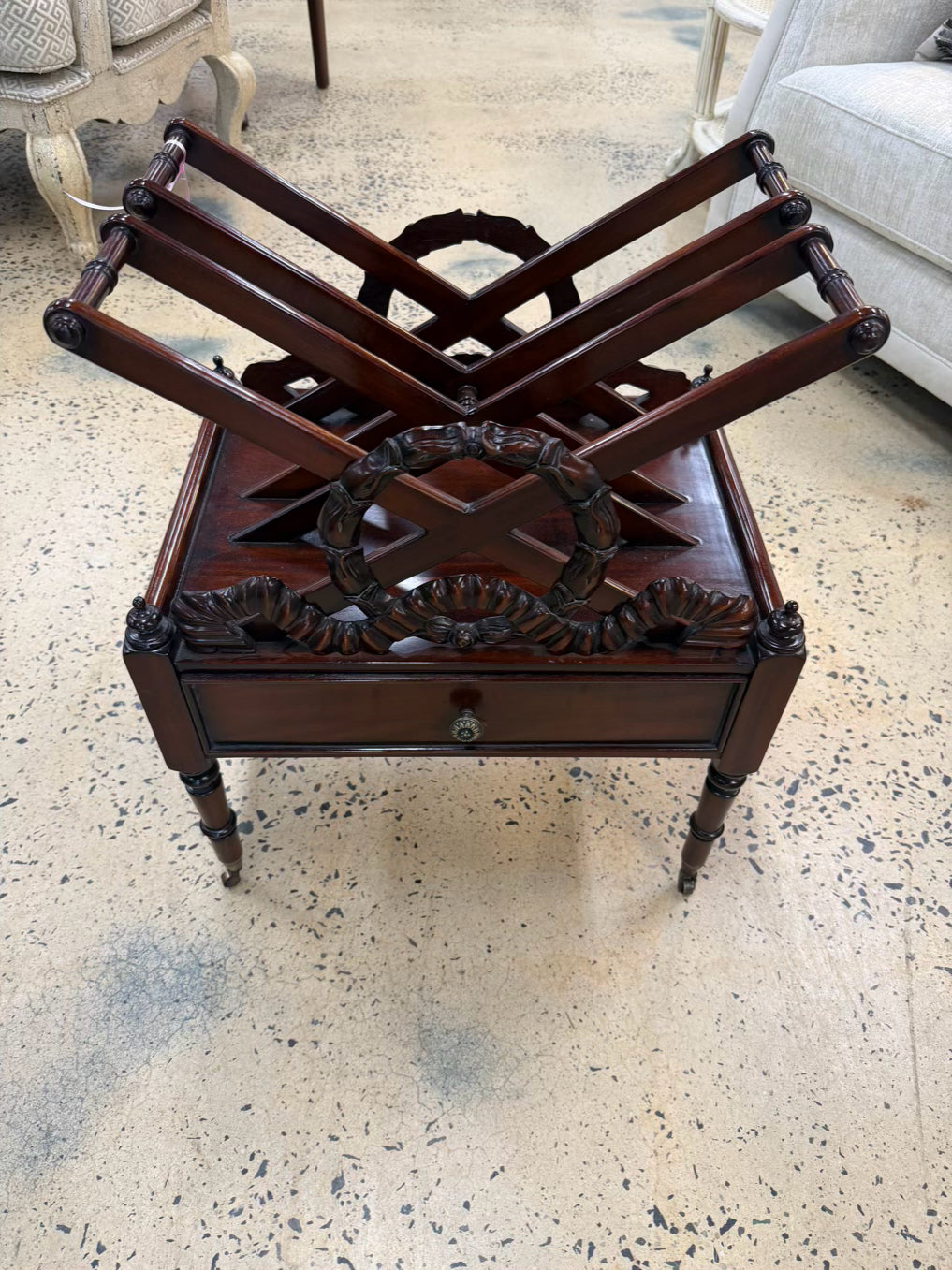 ENGLISH Dark Mahogany Canterbury Rack Magazine Stand w/ Bottom Drawer