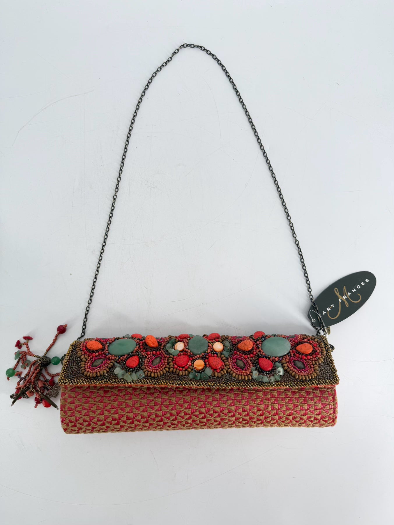 MARY FRANCES Orange, Blue & Pink Fabric & Beads Beaded Clutch Bag NWT