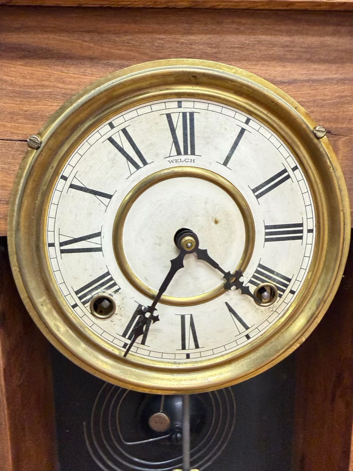 ANTIQUE Medium Oak Clock w/ Gold Bird Design
