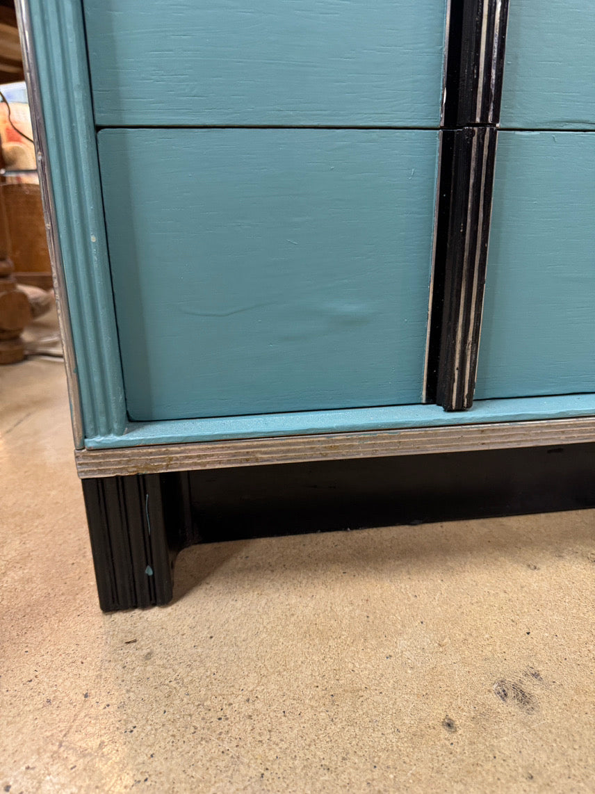 VINTAGE Turquoise & Black Painted Wood Art Deco Dental Detail Cabinet