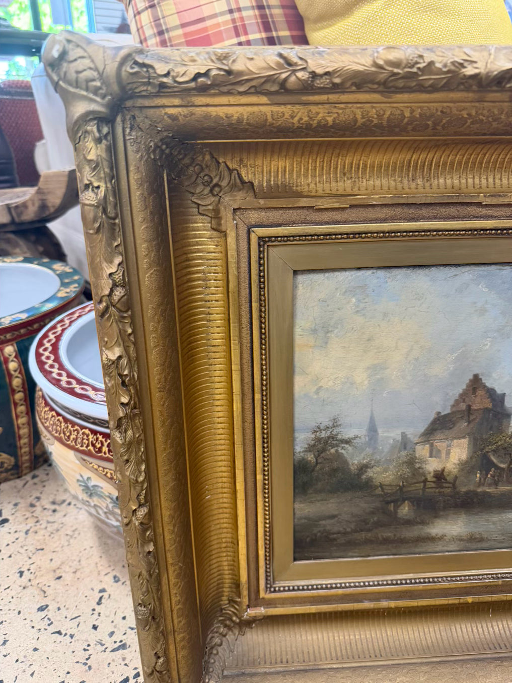 Old River Landscape Painting in Gold Wood Frame