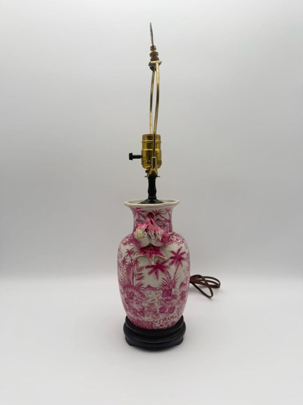 Pink & White Chinoiserie Porcelain Jar Lamp On Brown Wooden Base