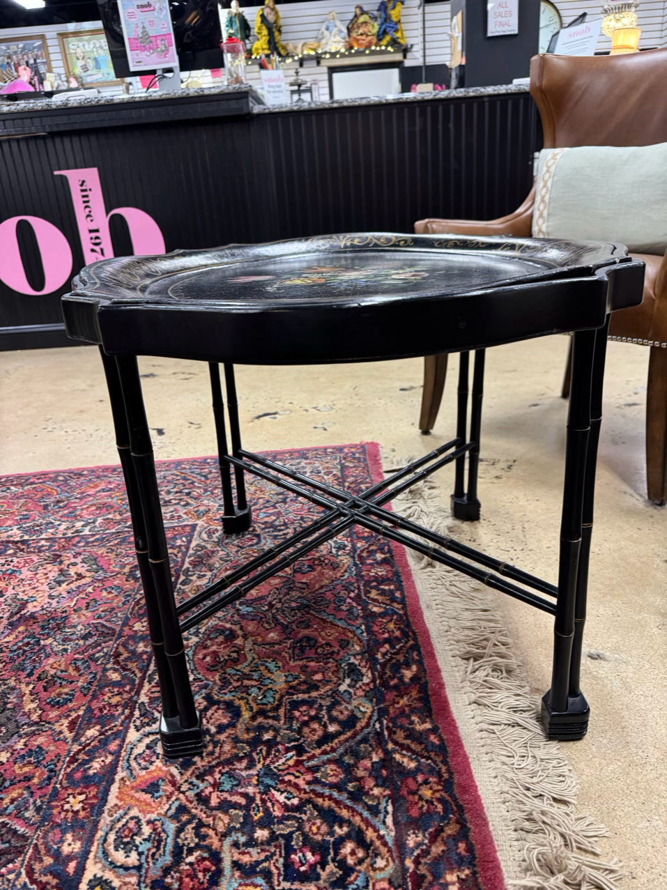 VINTAGE Wood Painted Black Flowers Coffee Table w/ Removable Tray