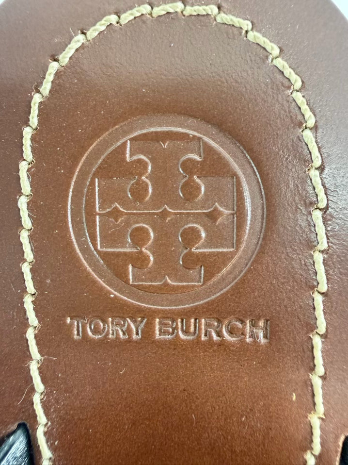 TORY BURCH Size WMNS 8.5 Black & Beige Canvas and Leather Platform Slide Sandals