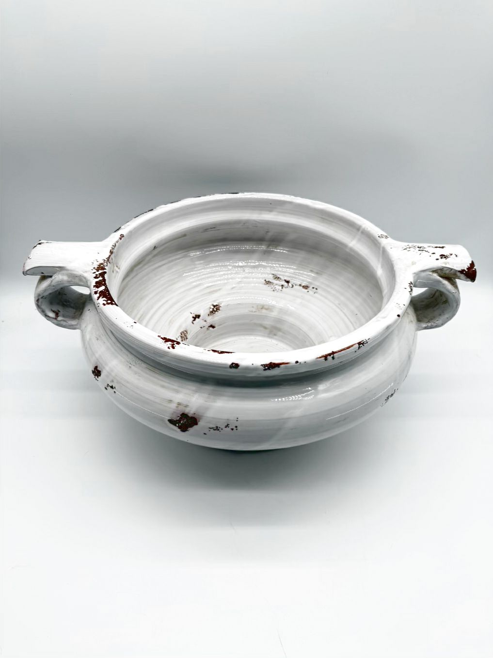 SIGNED FORTUNITA Olenonde Taddei White Pottery Large Round Bowl w/ Handles