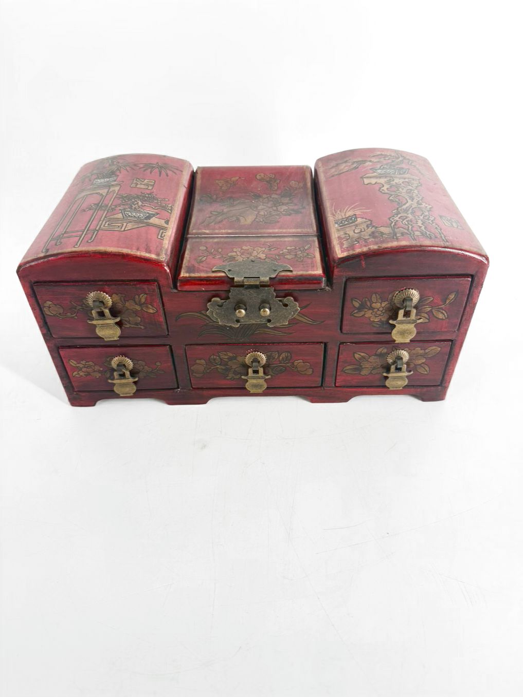 Red, Gold & Black Wood Hand painted Oriental Jewelry Box w/ Mirror