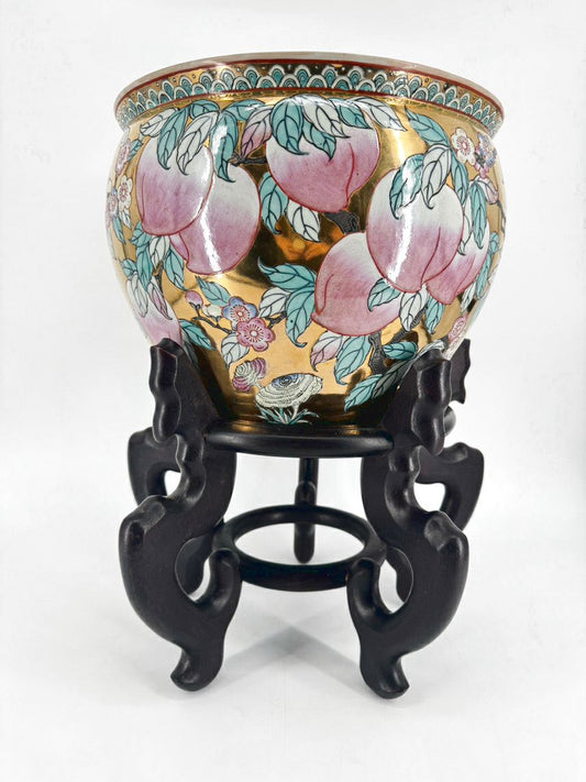 Pink & Aqua Porcelain Fish Planter on Wooden Stand