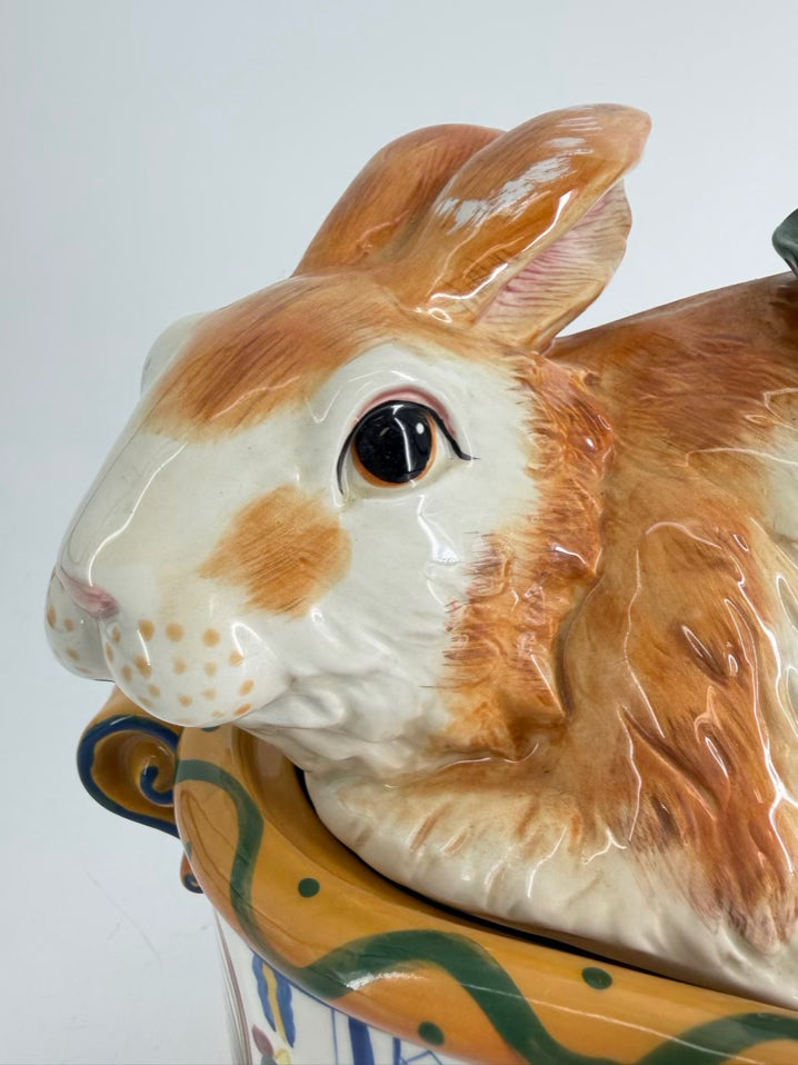FITZ AND FLOYD RICAMO White, Yellow & Blue Rabbit Figural Soup Tureen w/ Ladle