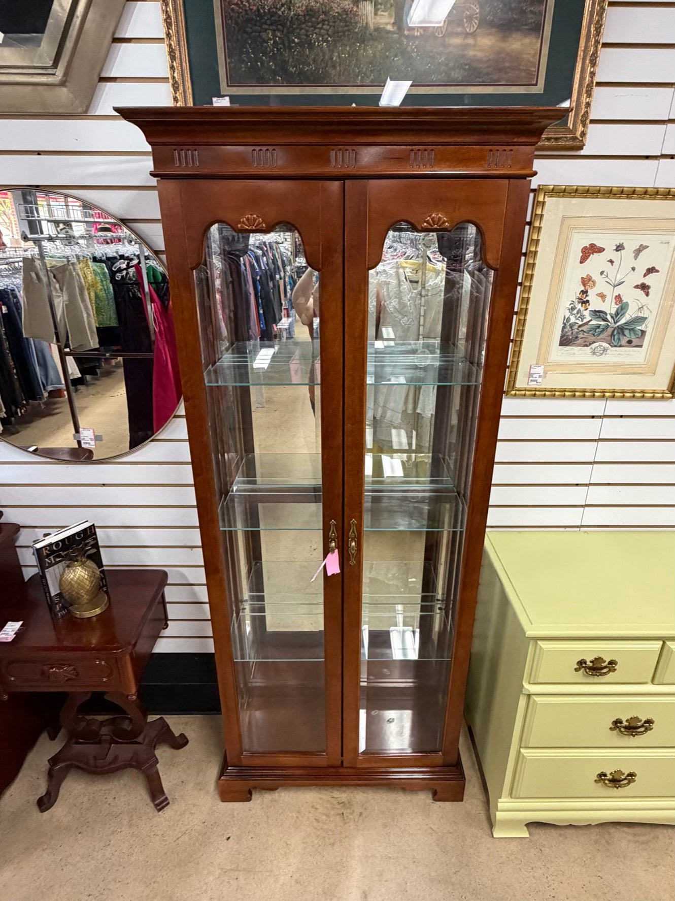 AMERICAN MARTINSVILLE Wood Display Case w/ Light & Glass Shelves