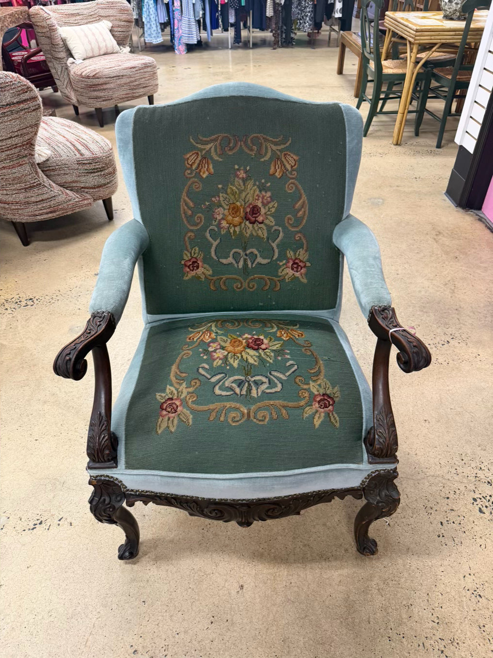 Blue & Pink Wood Queen Ann Chair w/ Needlework