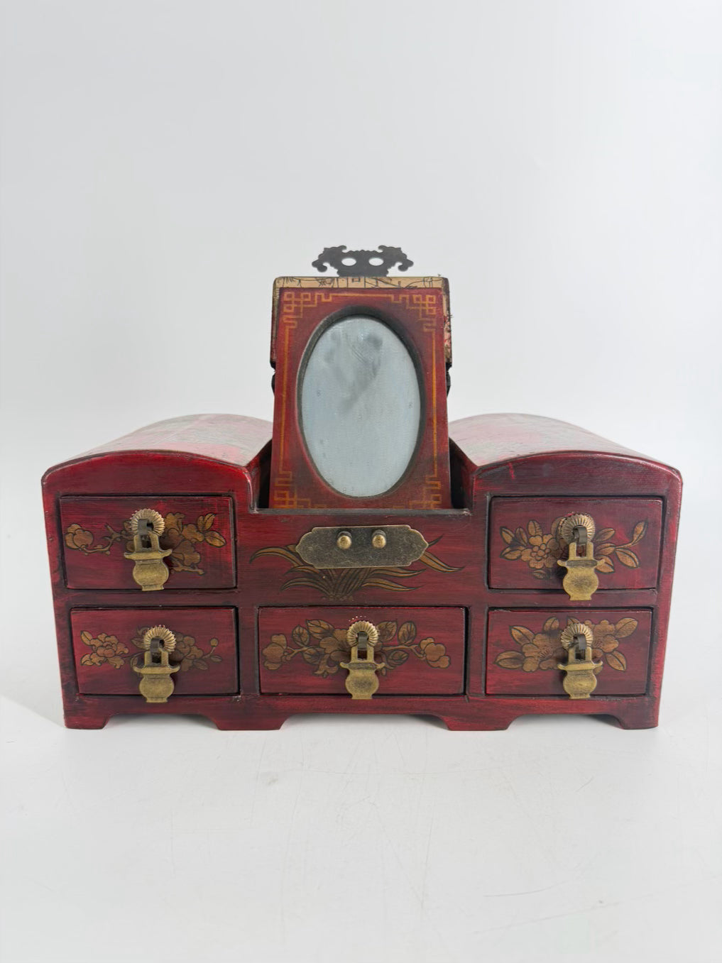 Red, Gold & Black Wood Hand painted Oriental Jewelry Box w/ Mirror