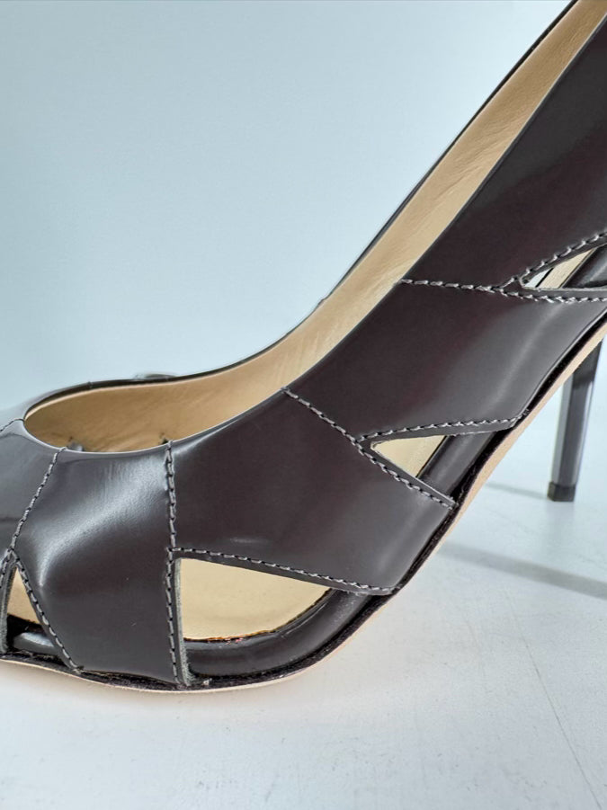 JIMMY CHOO Size 38 Taupe Leather Laser Cut Pumps