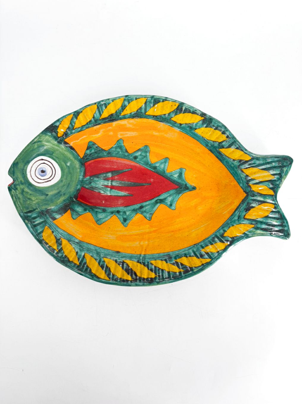 DESIMONE Red, Green & Gold Pottery Fish Platter