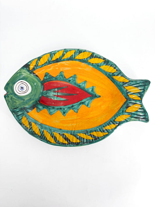 DESIMONE Red, Green & Gold Pottery Fish Platter