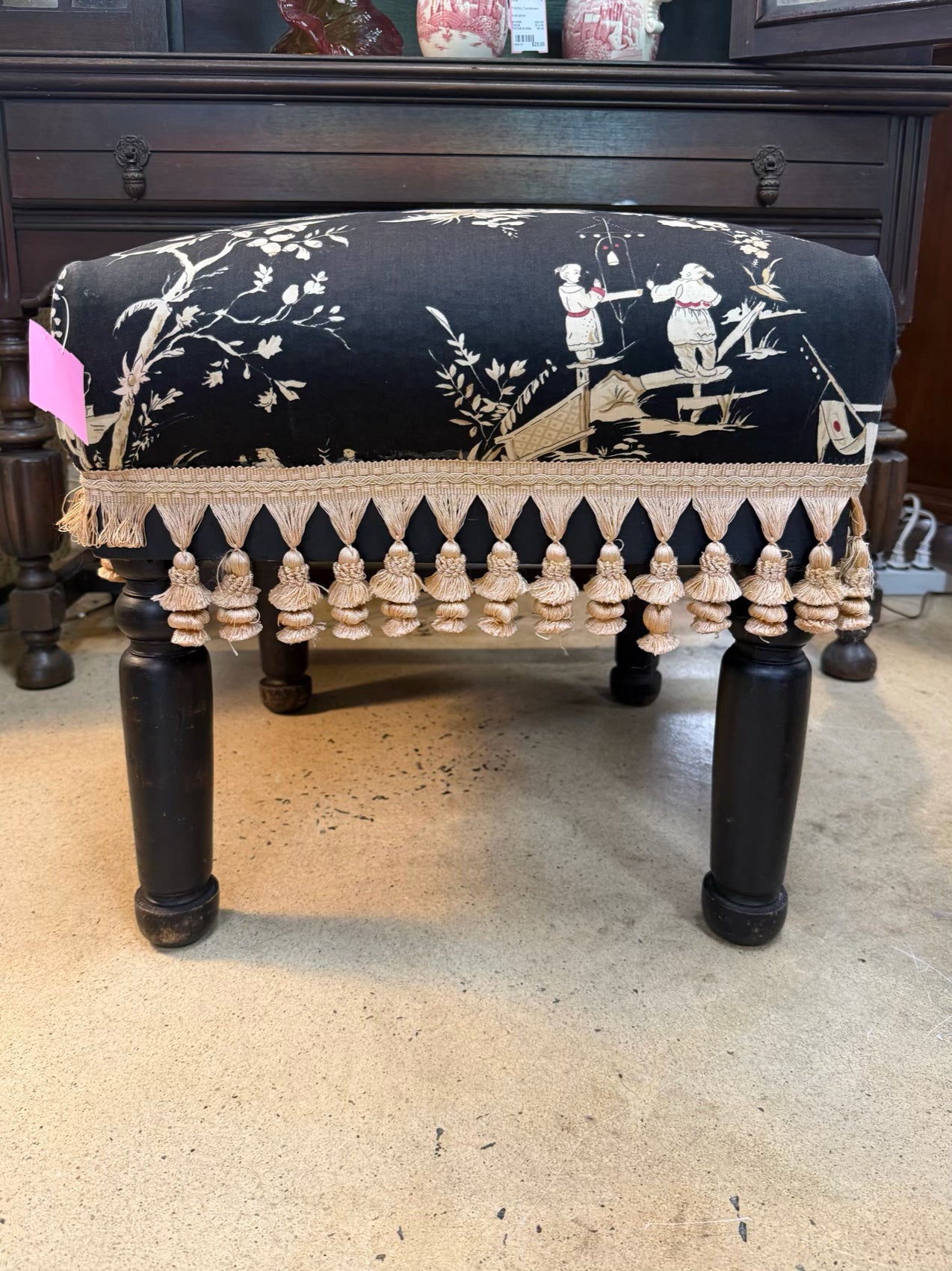 Black, Cream & Pink Wood Oriental Print Stool