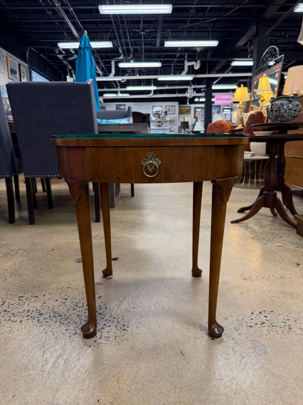 BAKER ROUND Wood Occasional Table w/ Queen Ann Feet & Glass Protective Top