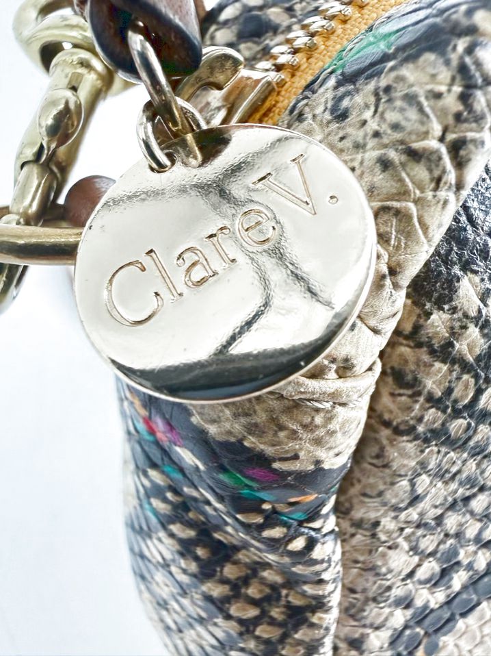 CLARE V. Midi Sac Navy & Red Stripe Snake Embossed Leather Crossbody Bag