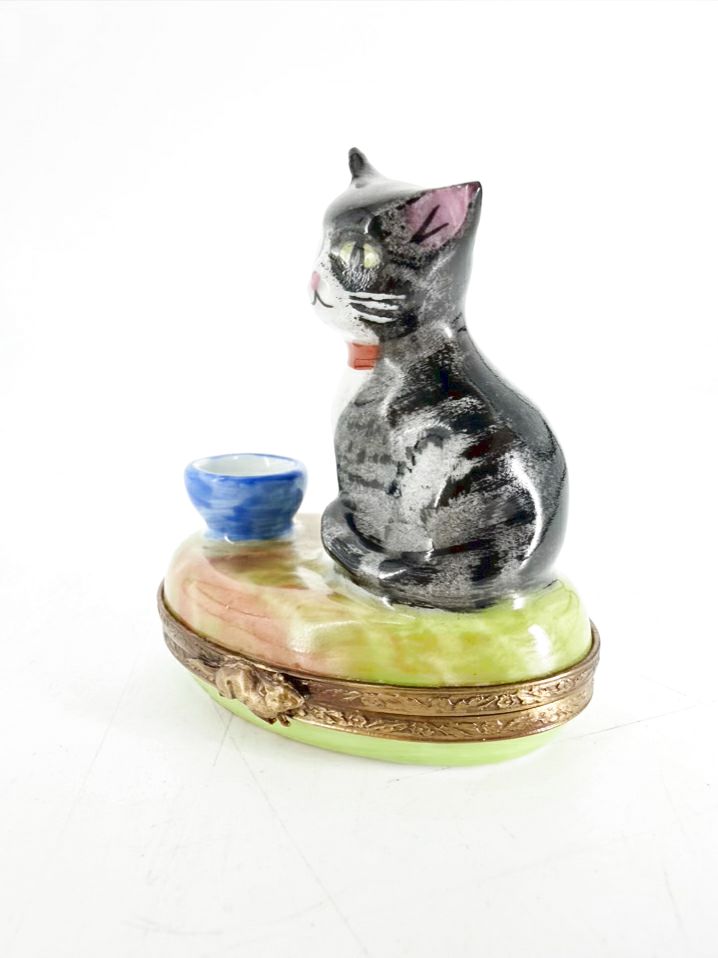 LIMOGES Black, Green & Blue Porcelain Cat Trinket Box