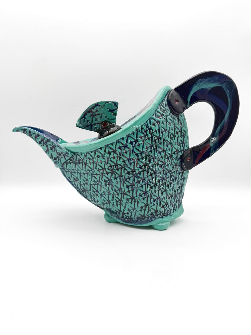 PITTMAN Aqua & Navy Pottery Large Teapot