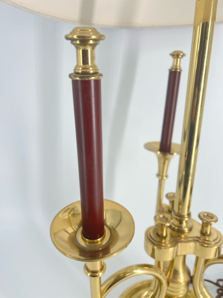 Brass Bouillotte French Horns Lamp w/ Red Shade
