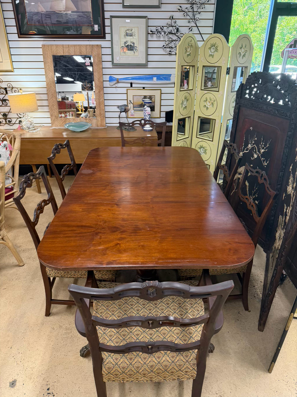 VINTAGE Wood Dining Set Of Table & 6 Ribbon Back Chairs w/ Leaves