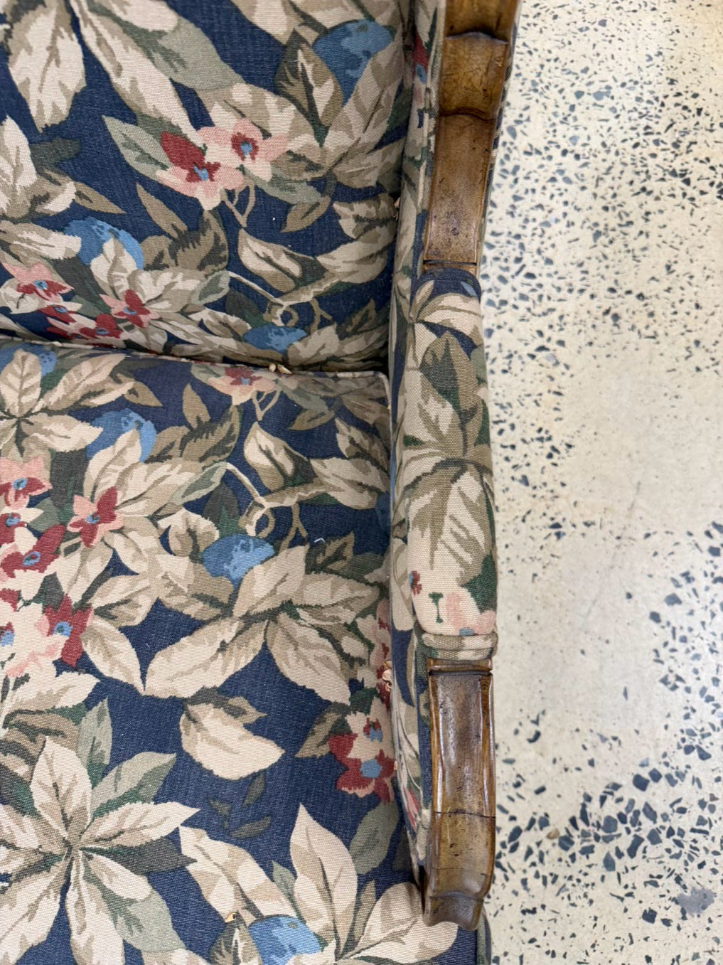 VINTAGE Blue, Red, & Cream French Floral Fabric Chair
