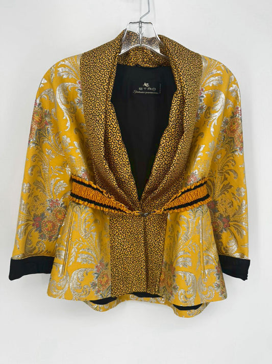 ETRO Size 44 Yellow Print Metallic Jacket w/ Belt