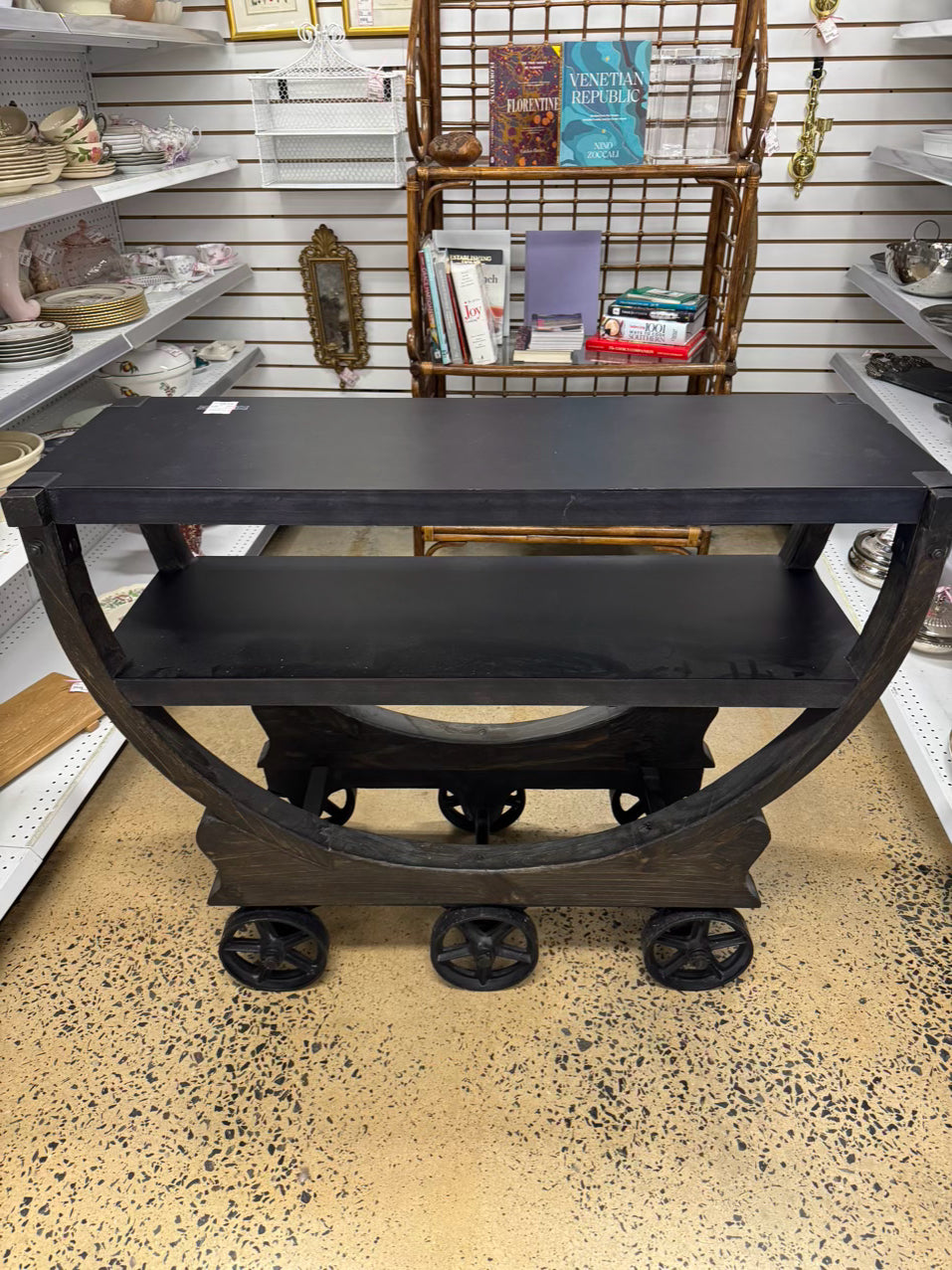 RESTORATION HARDWARE Black Wood & Iron Industrial Rolling Bar Cart