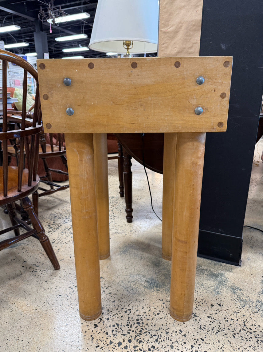 Natural Wood Square Butcher Block w/ Metal Studs on Rounded Legs