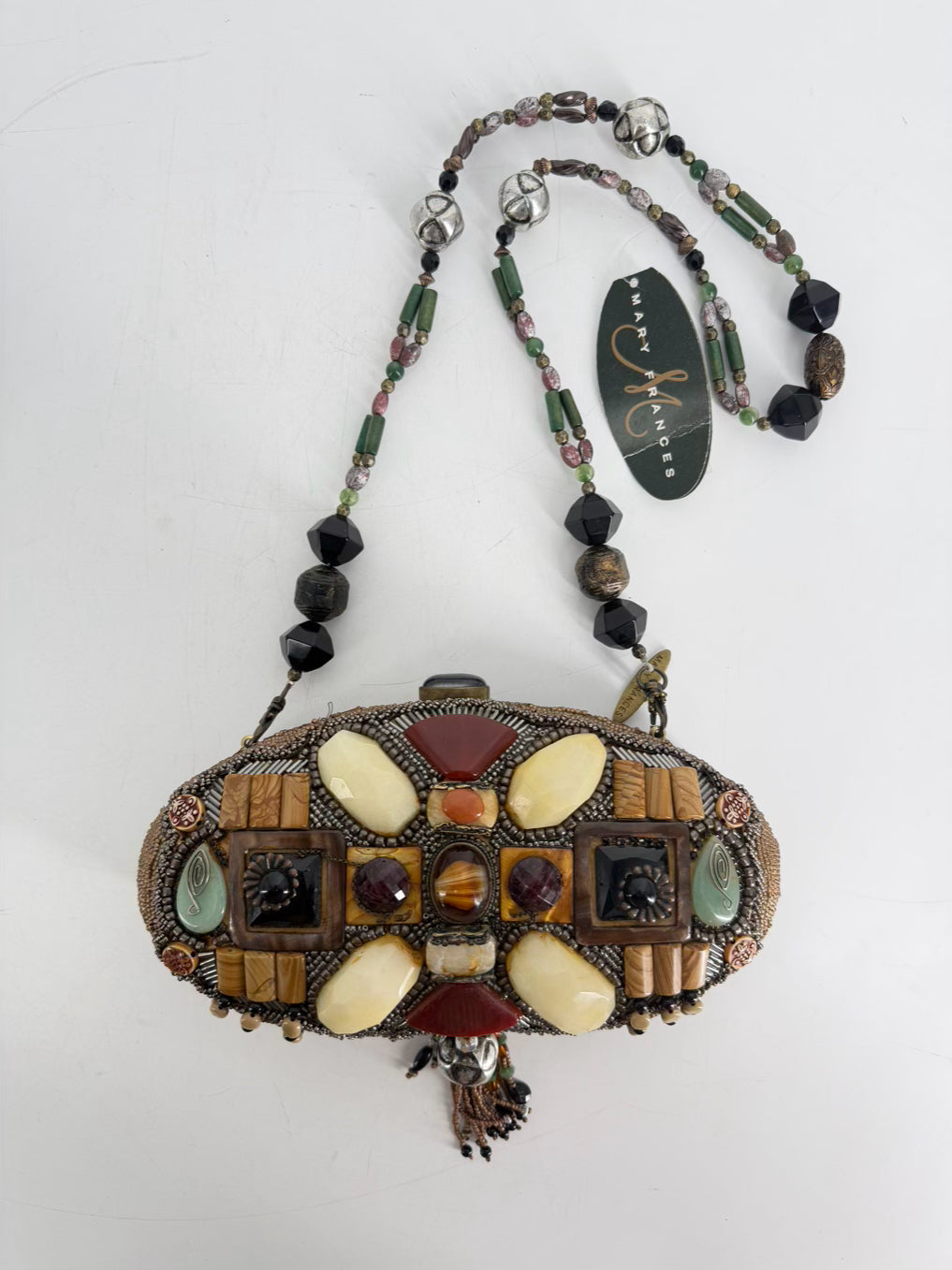 MARY FRANCES Beaded Tan, Brown & Teal Carmel Macchiato Gemstone Purse NWT