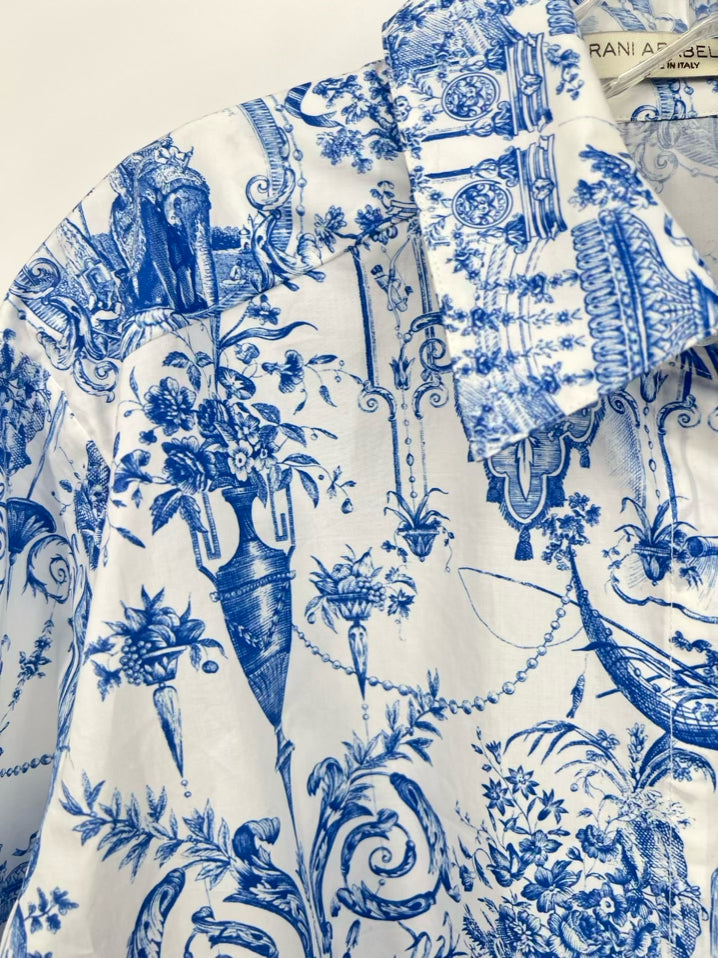RANI ARABELLA Size XXL Blue & White Print Blouse