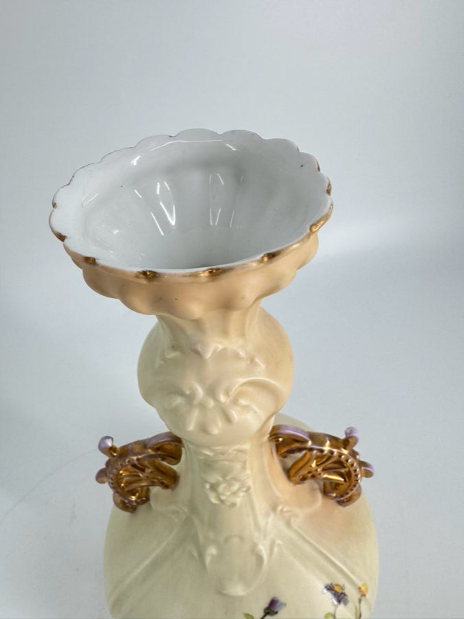 GERMANY-RUDOLSTADT Cream & Purple Flowers Porcelain Vase