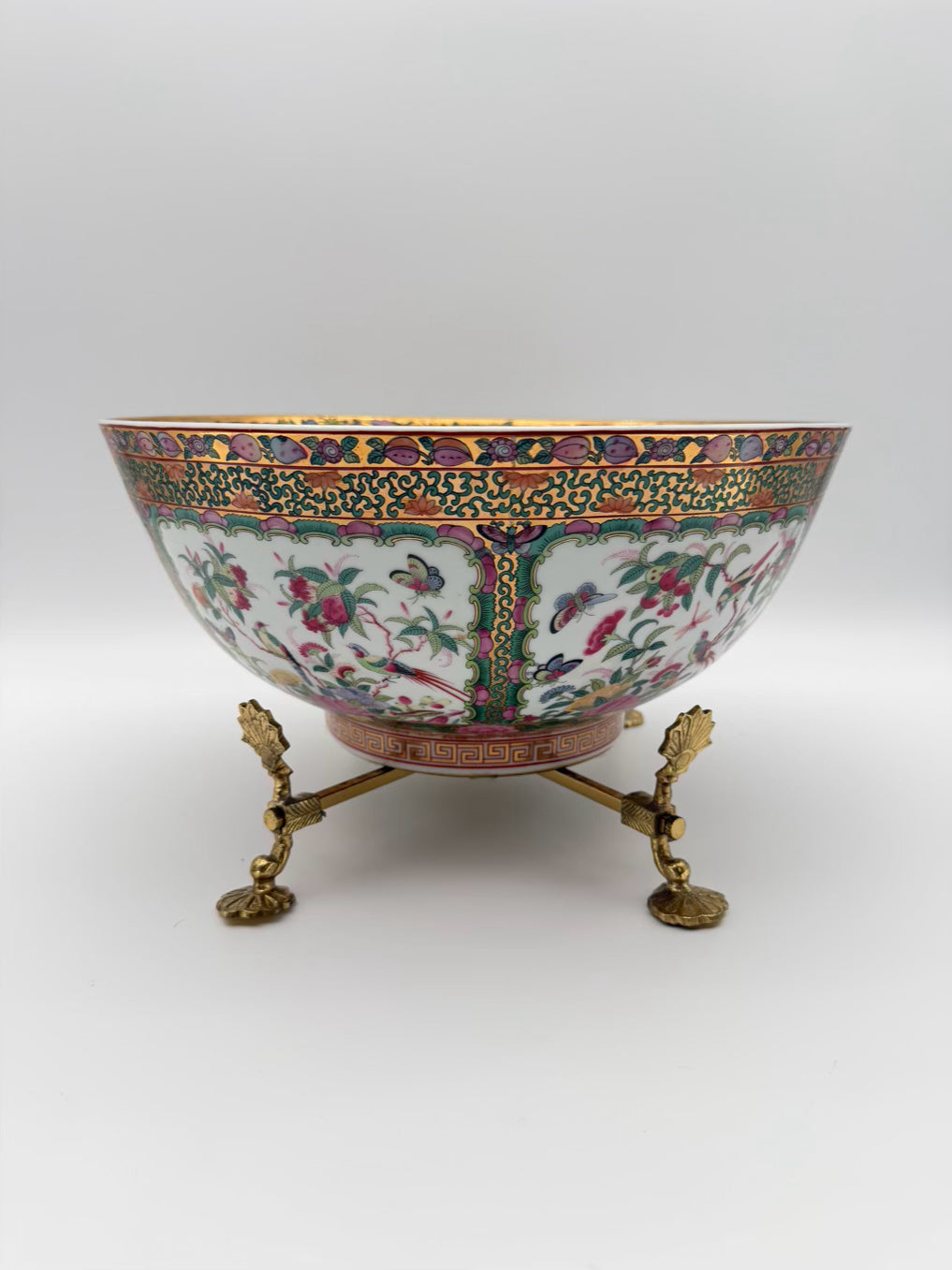 Rose Medallion Porcelain Large Bowl w/ Brass Bowl Holder