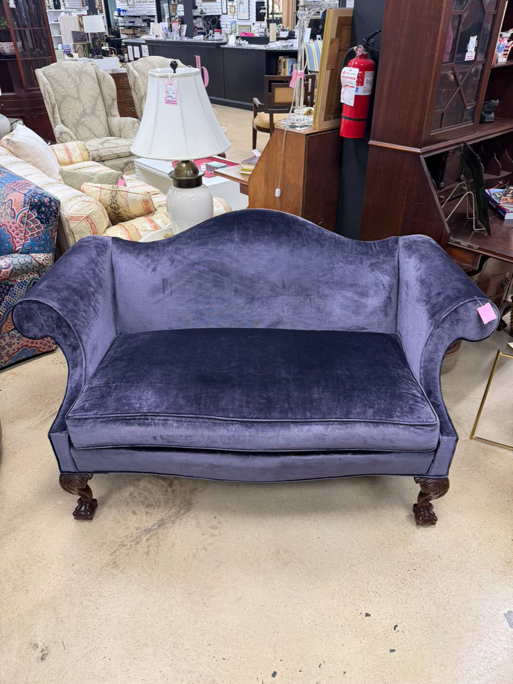 VINTAGE Wood Ball & Claw Love Seat w/ Purple Velveteen Fabric