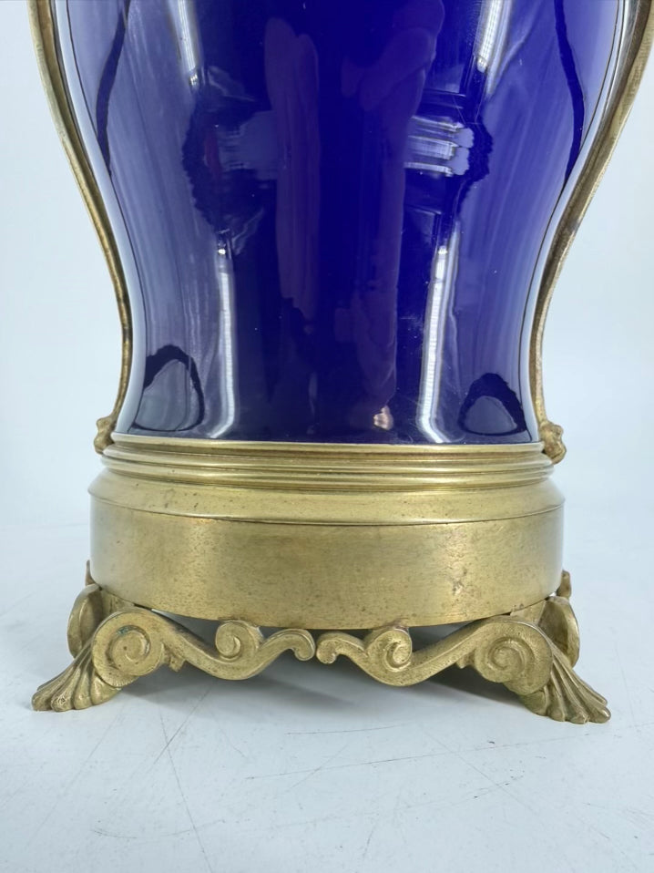 Neo Classical Cobalt Porcelain & Brass Pair Of Lamps