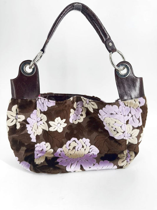 GLENDA GIES Purple & Brown Floral Velvet & Leather Purse