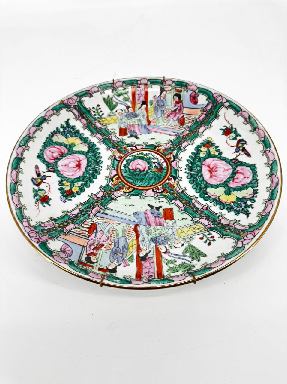 Pink & Green Rose Medallion Decorative Plate w/ Hanger