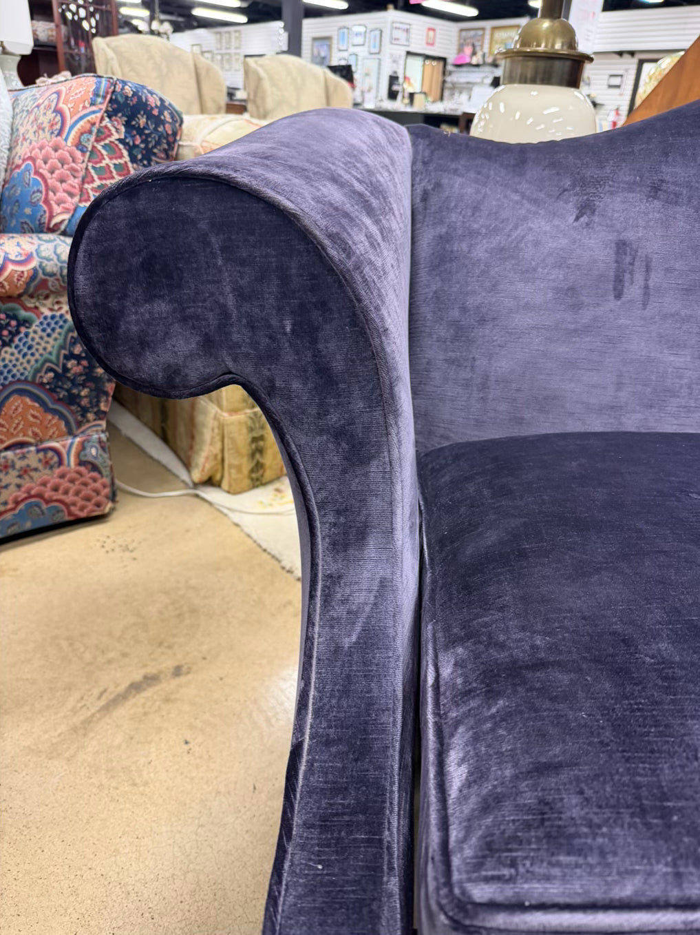 VINTAGE Wood Ball & Claw Love Seat w/ Purple Velveteen Fabric